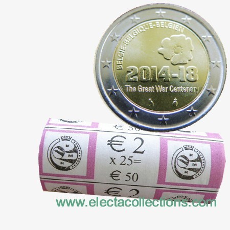 Belgio - 2 Euro,  guerra mondiale, 2014 - roll 25 coins